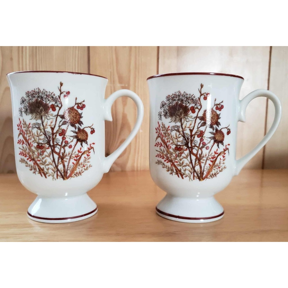 Bramble Fanci Florals Footed Porcelain Mugs Set of 2 Japan Vintage